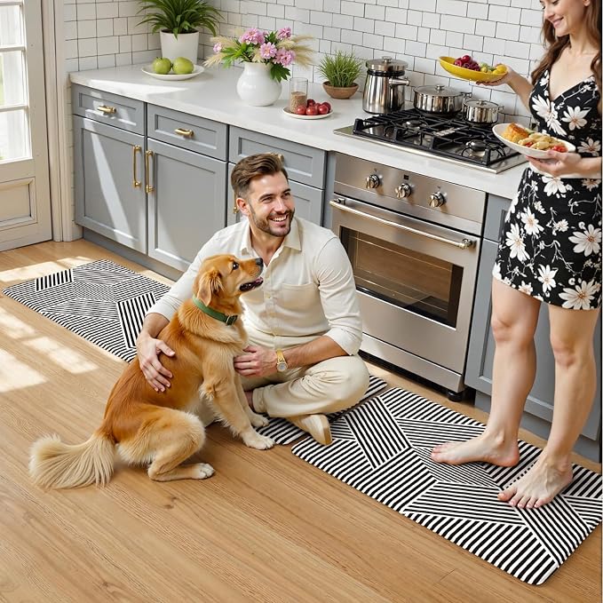 KIMODE Anti Fatigue Kitchen Mats, Padded Kitchen Floor Mats 17"x47"+17"x29" | Geometric Kitchen Rugs Sets of 2, Black White Rugs for Kitchen Floor, Cushioned Standing Mat for Laundry Office Sink Desk