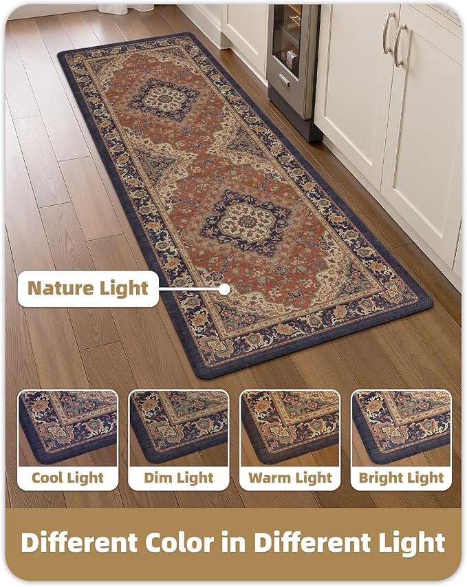 Color&Geometry Kitchen Floor Mat 24x59 Vintage Anti Fatigue, Warm Coral | 0.4in Cushion Standing Mat For Cooking/Working/Laundry, Boho Decor, Non Slip PVC Kitchen Rug, Oil/Water Proof, Anti Slip