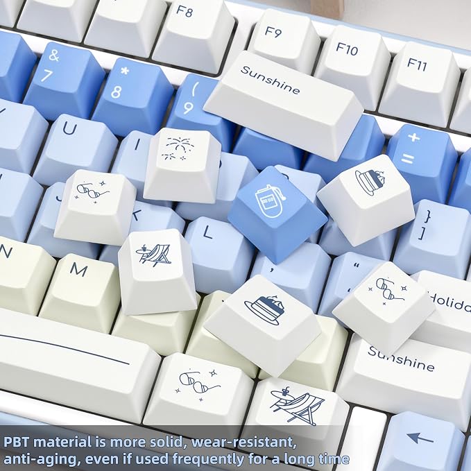 White & Blue PBT Keycaps, Cherry Profile Dye-Sublimation Keycap 130 Keys for 60%/65%/75%/100% Cherry MX Switches Mechanical Keyboard