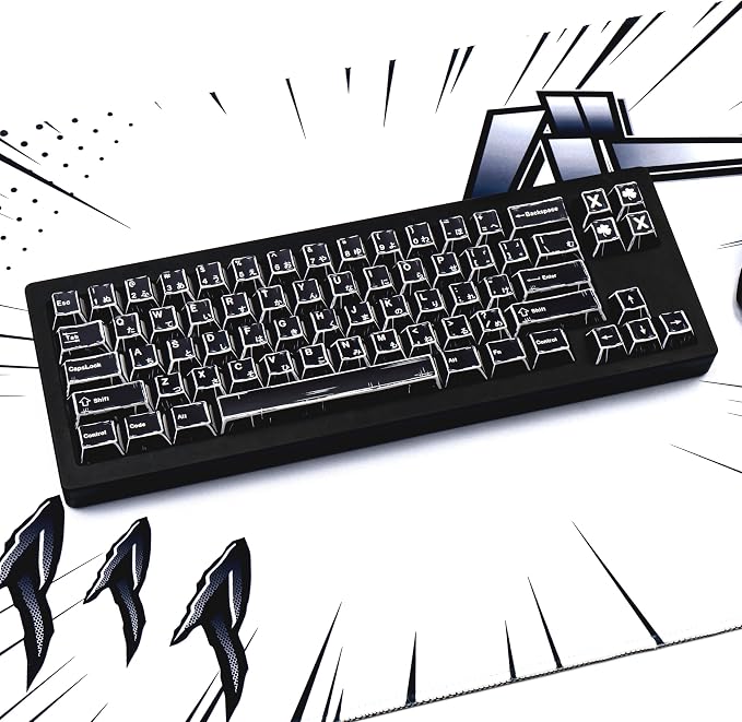 Black Japanese Manga Keycaps, Custom PBT Dye Sublimation Key caps 130 Keys, Cherry Profile Keycap Set Fit for 61/64/87/104/108 Cherry MX Switches Mechanical Keyboard