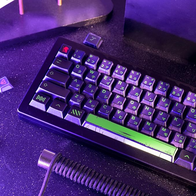 Manga Themed Japanese Keycaps, Retro PBT Keyboard Key Caps Dye Sublimation KeyCap with Cherry Profile, 130 Keys Purple Custom Keycap Sets for Cherry MX Mechanical Keyboard