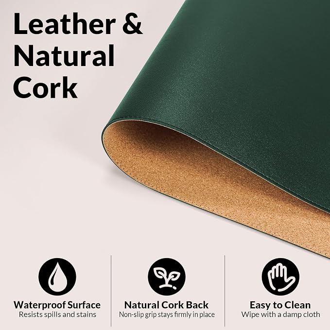 AFIING Cork Desk Mat, Dark Green, 23.6" x 13.7", Desk Pad Protector | Dual-Sided & PU Leather, Waterproof, Non-Slip for Mouse Pad, Writing, Home Office& Laptop