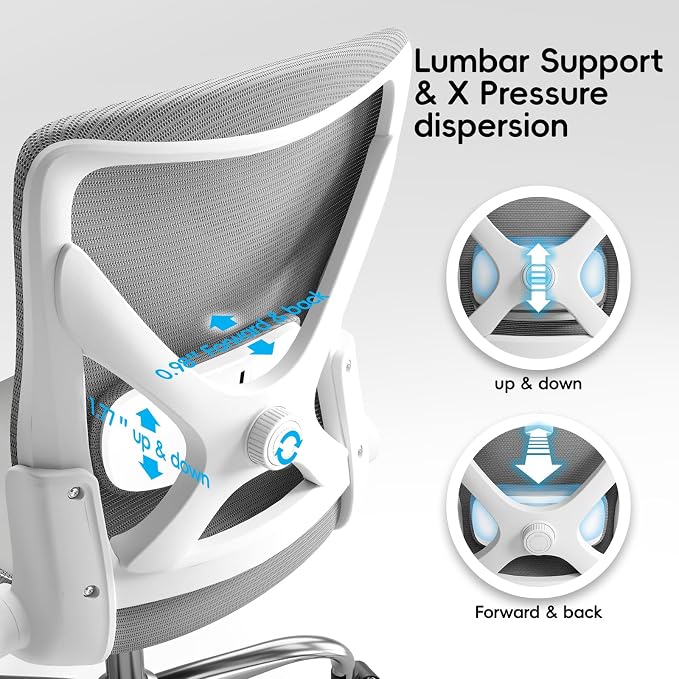 Ergalithic Office Home Ergonomic Desk Chair-Computer X-Shaped Chair Mesh PU Leather with Adjustable Lumbar Support-Executive Chair High Back Flip-Up Arms for Long Hours (White-Grey-No Headrest)