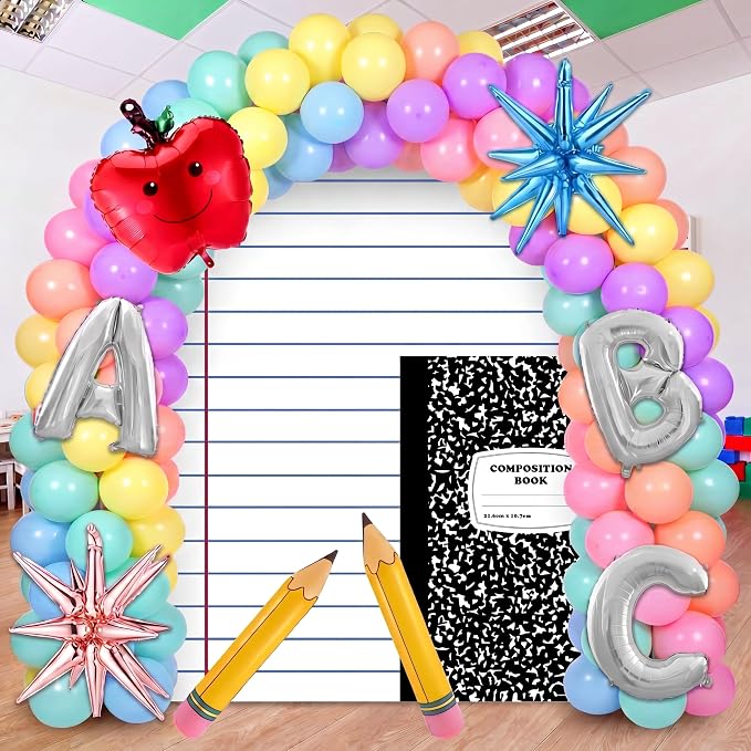 Hahafelt 161 Pcs Back to School Party Decorations Pastel Balloons Garland Arch Kit with Large Composition Notebook Backdrop Abc Crayon Pencil Balloons for First Day of School Classroom Party Supplies
