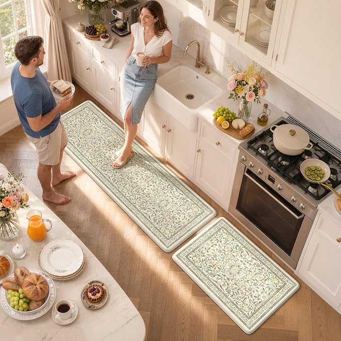 KIMODE Anti Fatigue Kitchen Mats for Floor, Farmhouse Kitchen Rugs Sets of 2, Cushioned Kitchen Floor Mats, Beige Bathroom Rugs Non Slip for Sink Home Decor Laundry Office Bedroom 20"x71"+20"x32"