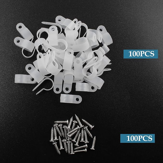 1/2 Inch R-Type Clip Clamp, 100 Pcs | Nylon P-Type Mounting Clips, Cable & Wire Management, Stainless Steel Screws Included