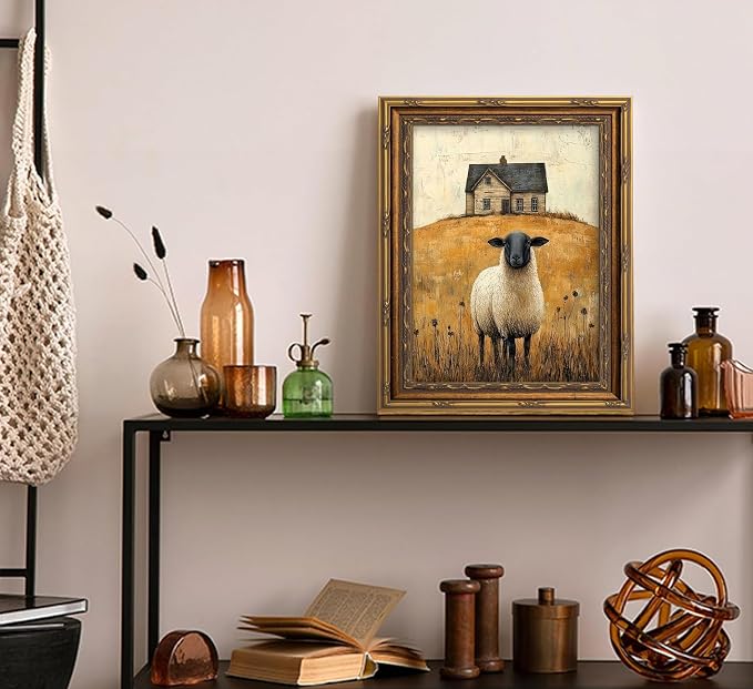 Vintage Gold Framed Wall Art Retro Country Sheep Oil Painting Canvas Prints Farmhouse Landscape Picture Wall Decor Rustic Farmhouse Animal Poster Artwork for Living Room Bedroom Bathroom, 9x11in