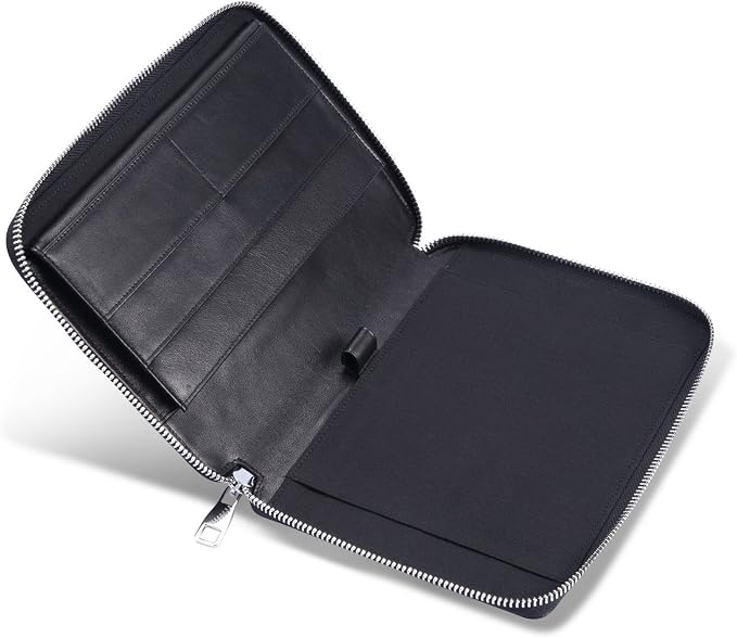 HISCOW Zip-Around Leather Junior Padfolio, 5x8 Notepad Cover, Black | Italian full-grain cowhide, top-loading legal pad holder, tablet and document sleeve, 2 card slots, rigid pen loop