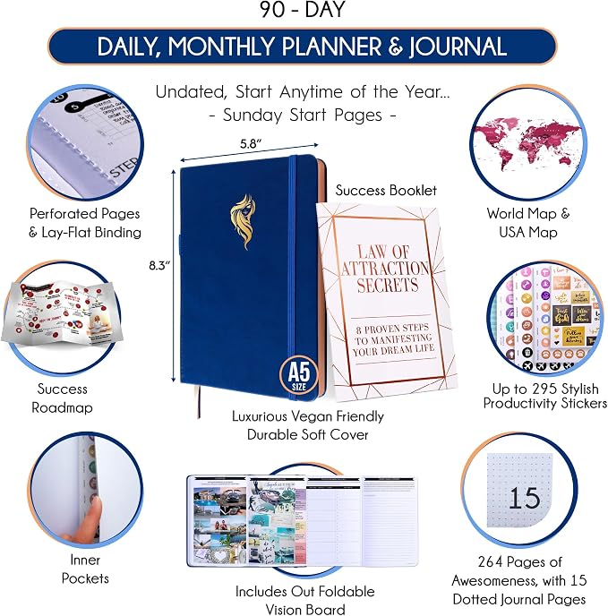 90-Day Goal Planner with Daily Journal, Gratitude & Habit Tracker | Daily Planner, Productivity, Time blocking, Manifestation & Affirmations with Vision Board, Gratitude Journal for Women & Men