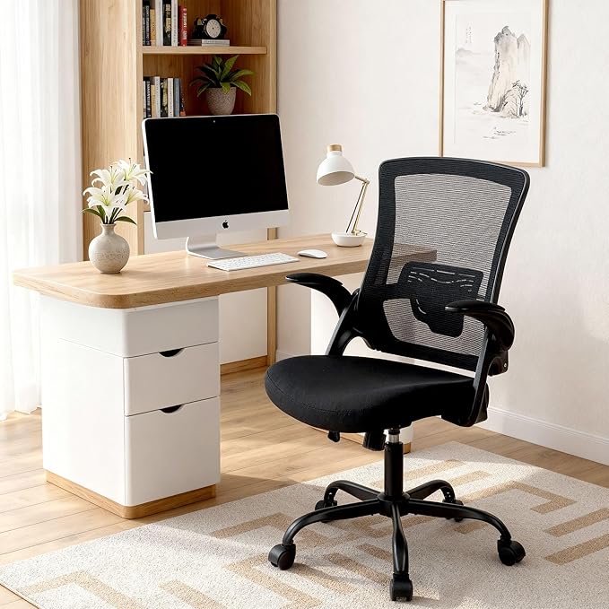 NEO CHAIR Office Chair High Back Desk Mesh Chair Comfy Computer Gaming Seat with Adjustable Ergonomic Lumbar Rolling Flip-up Armrests and Wheels (Black)