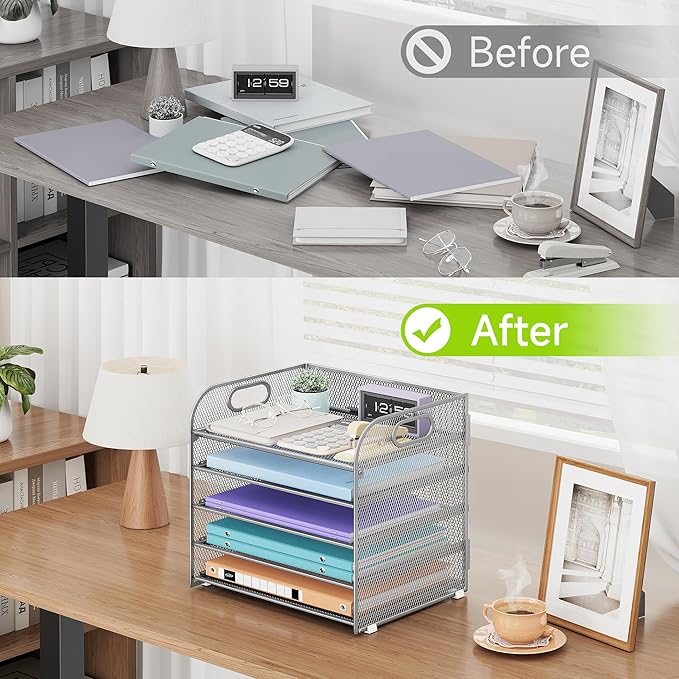 5 Tier Paper Organizer with Handle, Silver Metal Mesh Desk Organizer File Folder Paper Letter Tray Desktop Document Sorter for Classroom, School, Office Accessories Organization and Storage