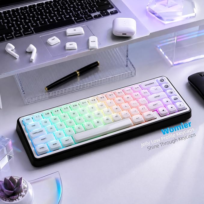 Womier Low Profile Keycaps, White Jelly Keycaps, Shine Through Key Cap | 127 Keys Custom Keycaps for Mechanical Keyboard 60% 65% 75% 80% 100% Cherry Gateron MX Switches, White