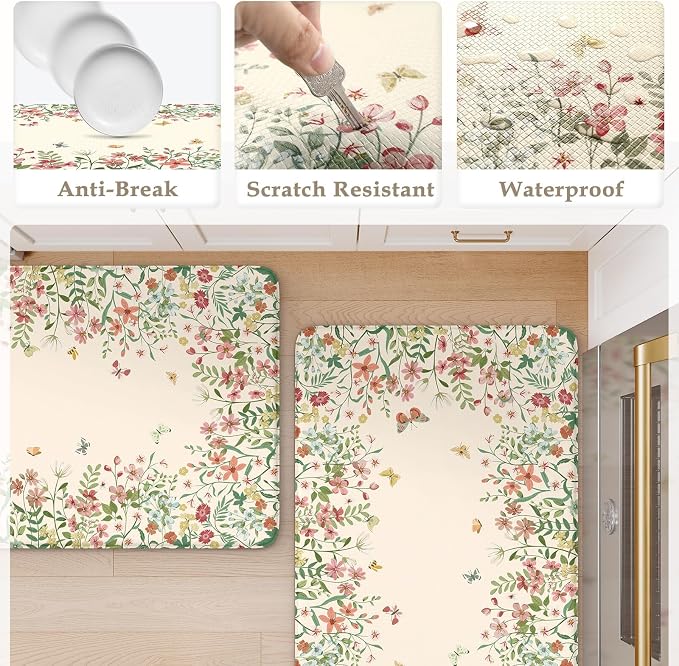 KIMODE Anti Fatigue Kitchen Mats for Floor 2 Piece, Beige Farmhouse Kitchen Rugs Sets of 2, Non Slip Waterproof Kitchen Floor Mats, Standing Mats for Laundry Office Sink Desk 20"x59"+20"x32"
