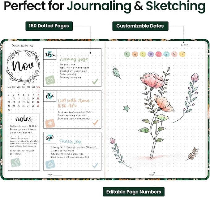 Taja Dotted Journal Notebook for Women & Men, Hardcover Leather Journal for Writing, A5 Dotted Journaling Notebook for Work & Sketching, Perfect for Office School Home Supplies, 160 Pages, Butterfly