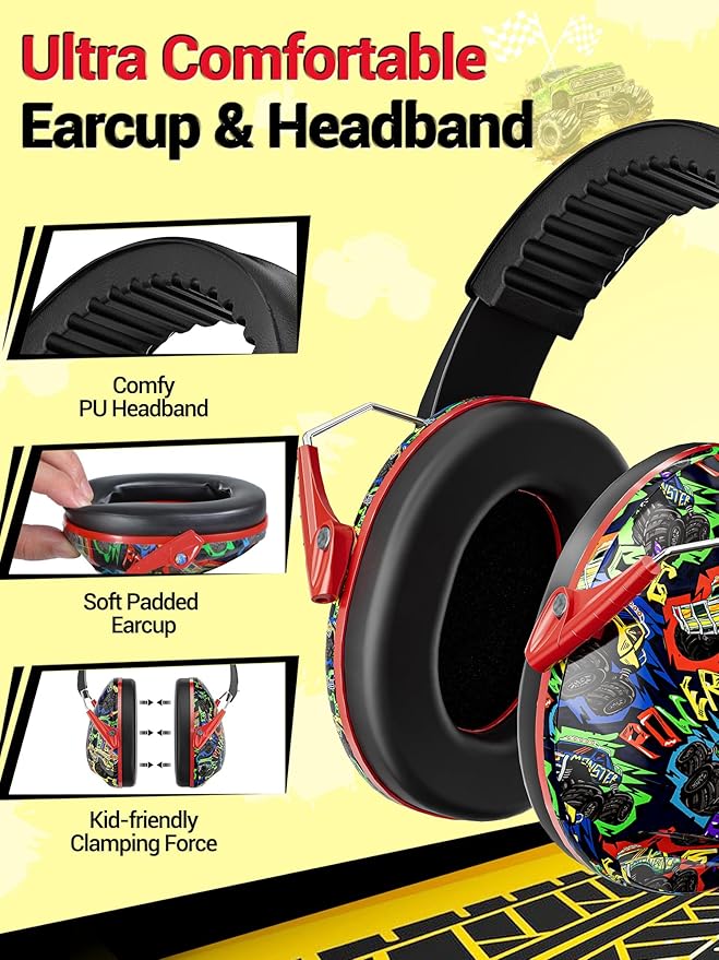 Kids Ear Protection for Monster Jam, 27.4dB Noise Cancelling Headphones for Kids Adults, Adjustable Ear Muffs for Noise Reduction for Airplane, Fireworks, Concerts and Sports Events