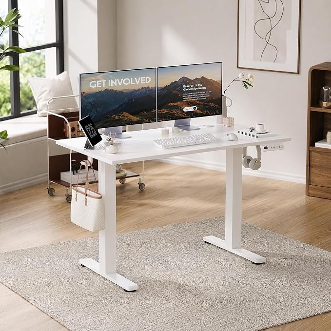 Claiks Electric Standing Desk 40 x 24 Inches, Adjustable Height Motorized Sit Stand Desk with 3 Memory Presets & Cable Management, Space-Optimized Computer Workstation for Home Office & Bedroom, White