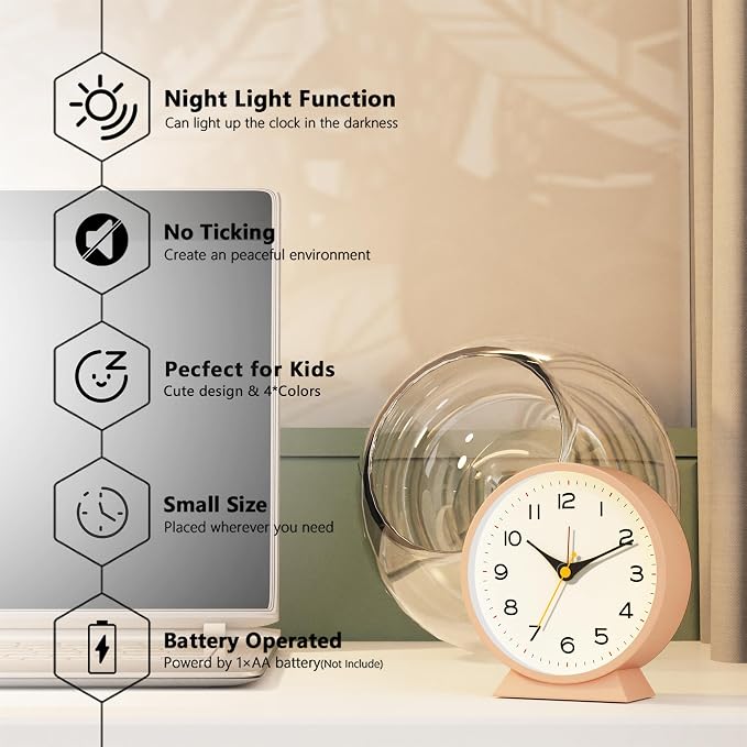 AYRELY® 4.5" Analog Alarm Clock, Small Retro Desk Clock and Table Clock | Battery Operated, Silent Metal Table Clock with Light for Living Room Decor, Bedroom, Bedside and Shelf(Light Pink)