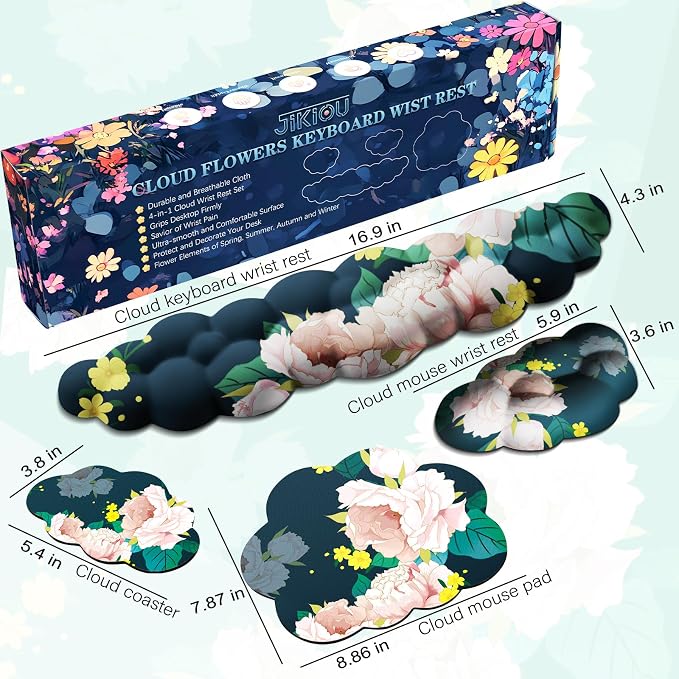 JIKIOU Cloud Wrist Rest Keyboard, Cloud Keyboard Wrist Pad Set with Comfortable Cloth, Cute Arm Rest for Palm Support, PC/Gaming Desk Accessories/Office Setup/Computer Hand Cushion Peony