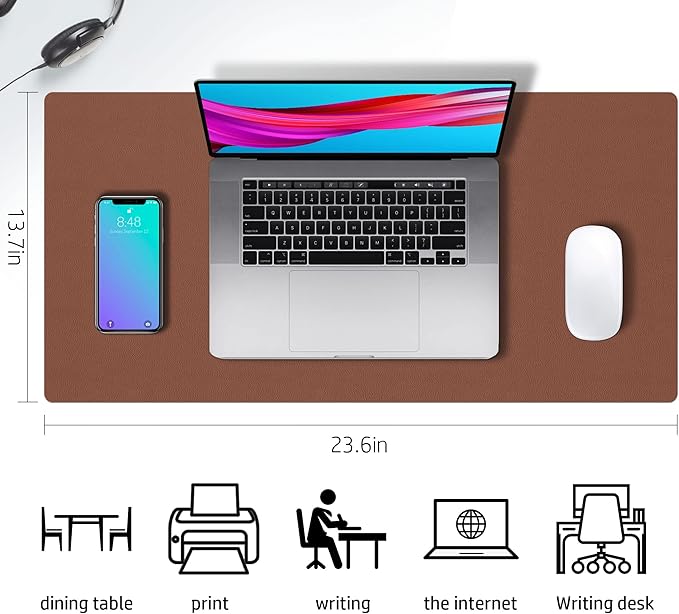 Aothia Double-Sided PU Leather Desk Pad - Non-Slip Large Mouse Pad & Desk Mat for Office, Home - Waterproof, Easy to Clean, Durable Dual-Sided Surface(Brown, 23.6" x 13.7")