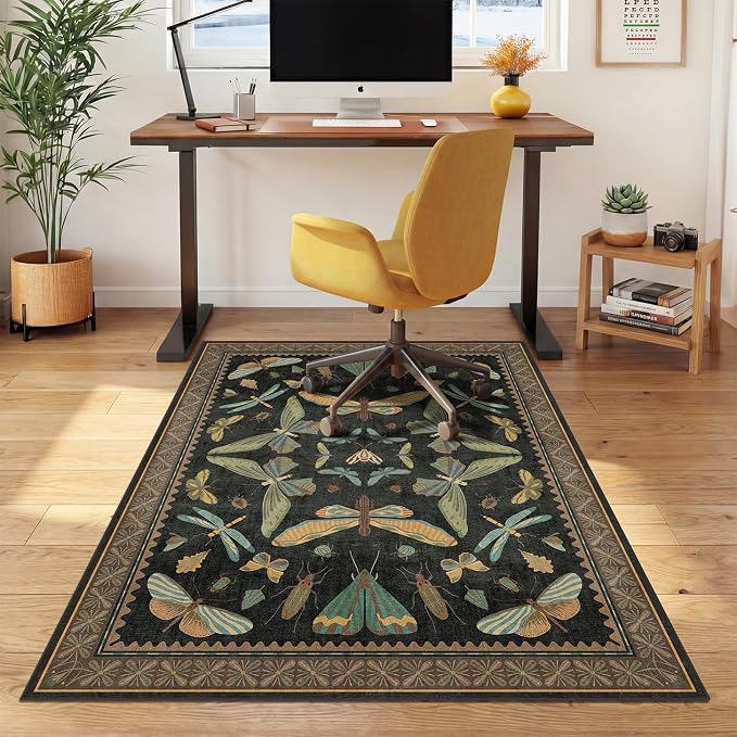 3'x4' Black Office Chair Mat for Hardwood Floors, Insect Boho Design,Non-Slip Low Pile Desk Rug, 36"x48" Small Area Rug for Computer Desk Home Office, Machine Washable WFH Essential for Dorm Room