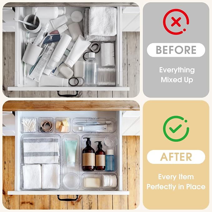 Aneco 20 Pieces Extendable Clear Drawer Organizer Adjustable Vanity Storage Box 4-Size Desk Drawer Divider Acrylic Storage Bins for Makeup, Cosmetic, Jewelries, Bedroom Kitchen Utensils Gadgets
