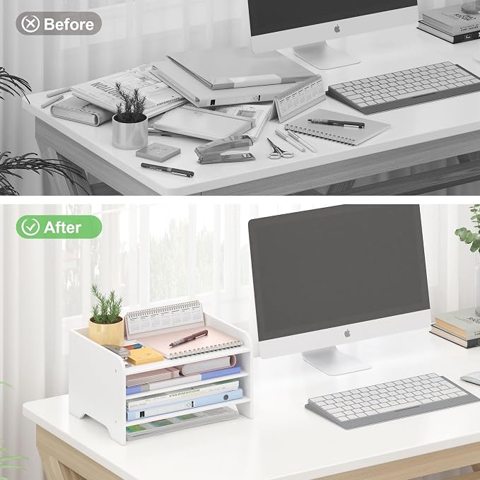 Bamboo File Organizer for Desk, Desktop Paper Tray and Mail Holder | Three open tiers keep A4/letter paper, folders, bills and mail sorted, visible and easy to reach while saving desk space