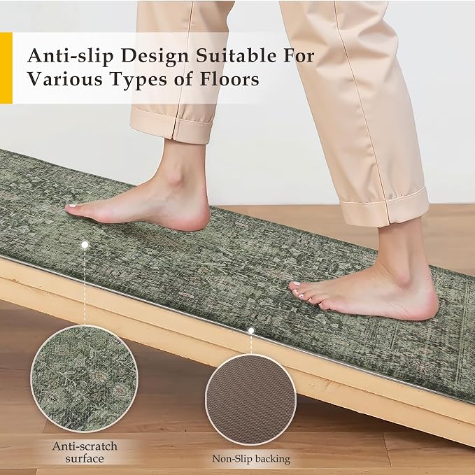 PureCozy Kitchen Mats 2PCS Anti Fatigue Cushioned Mat Green Vintage Kitchen Mats for Floor Waterproof Non Slip Comfort Standing Distressed Rug for Sink Laundry Office 17.3"x59"+17.3"x30"