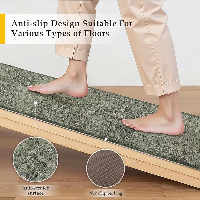 PureCozy Kitchen Mats 2PCS Anti Fatigue Cushioned Mat Green Vintage Kitchen Mats for Floor Waterproof Non Slip Comfort Standing Distressed Rug for Sink Laundry Office 17.3"x59"+17.3"x30"