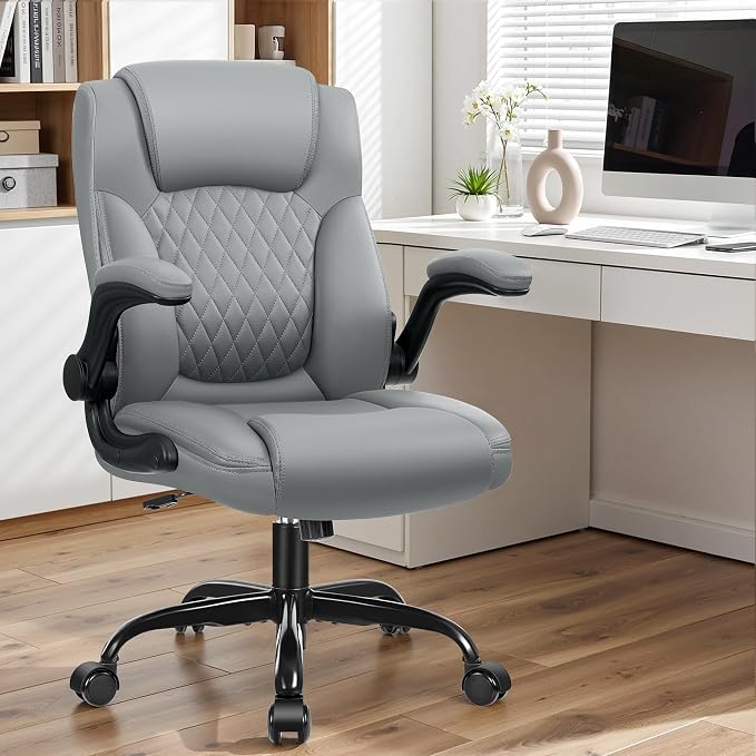 Ergonomic Office Chair, Adjustable Leather Computer Chair with Flip-Up Armrests & Lumbar Support, 275 lbs Capacity, 360° Swivel Task Chair for Home Office, Gray