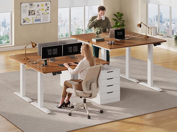 SEDETA Standing Two Person Desk, 94'' Long Computer Desk with 4 Drawers, 2 Power Outlets, CPU Stand, Electric Height Adjustable 2 Person Desk with Cable Management for Home Office, White+Brown