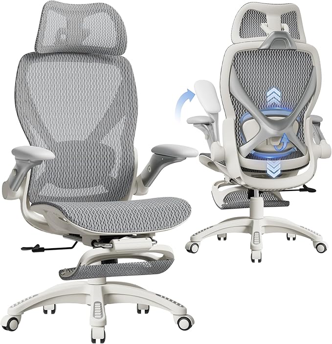 ELABEST X100 Ergonomic Mesh Office Chair with Footrest, Big and Tall Home Desk Chair with 5D Flip-Up Arms, Adjustable 3D Lumbar Support, Gaming & Executive Computer Chair, First Light