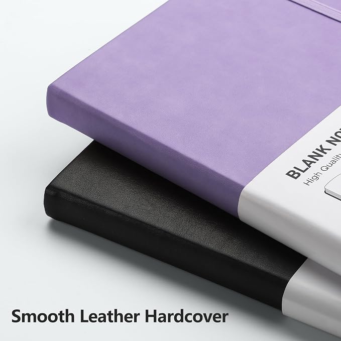 RETTACY Blank Journal Notebook, 2-Pack, 192 Pages per Pack, A5 Medium Size (5.7'' x 8.3''), Leather Hardcover, 100 GSM Thick Paper, for Sketching, Drawing, Painting (Black & Purple)