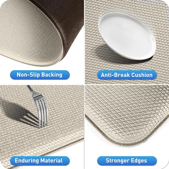 HappyTrends Kitchen Mat for Floor, 2PCS Cushioned Anti-Fatigue Kitchen Rugs, Waterproof Non-Slip Standing Mats and Rugs Set for Kitchen, Office, Laundry, Khaki, 17.3"×30"+17.3"×59"