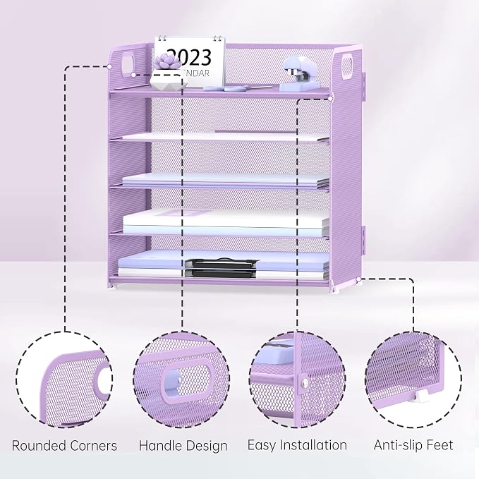 Supeasy 5 Trays Paper Organizer Letter Tray with Handle-Mesh Desk File Holders, Paper Sorter Desk Organizer for Office, Home, Classeoom or School, Purple