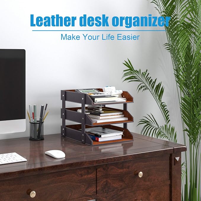 3 Tier Leather Magazine File Holder, Thipoten Paper Tray Organizer Desk Document File Organizer (Brown)