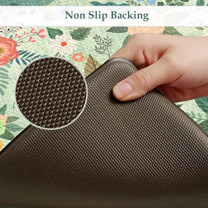 KIMODE Anti Fatigue Mats for Kitchen Floor Green Farmhouse Kitchen Rugs | 17"x47"+17"x29" Kitchen Rugs Sets of 2 Cushioned Kitchen Floor Mats Non Skid,Memory Foam Mats for Laundry Office Sink Desk