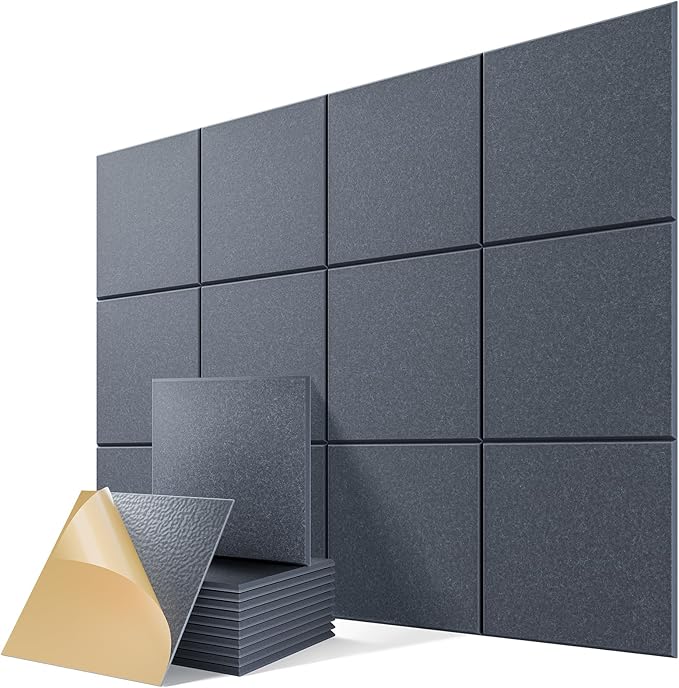12 Pack Self-Adhesive Acoustic Panels, 12"x12"x0.4" High-Density Sound Proof Foam Panels for Walls - Covers a 36"x48" Area (11.7 Sq Ft) - for Home & Office (Dark Gray)