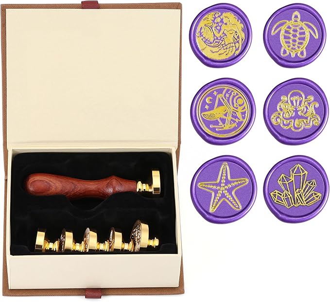 Yoption 6 Pcs Wax Seal Stamp Set, Ocean Crystal Mermaid Sealing Wax Stamps Kit, Wooden Handle with Brass Head for Wedding Christmas Invitation Gift Cards