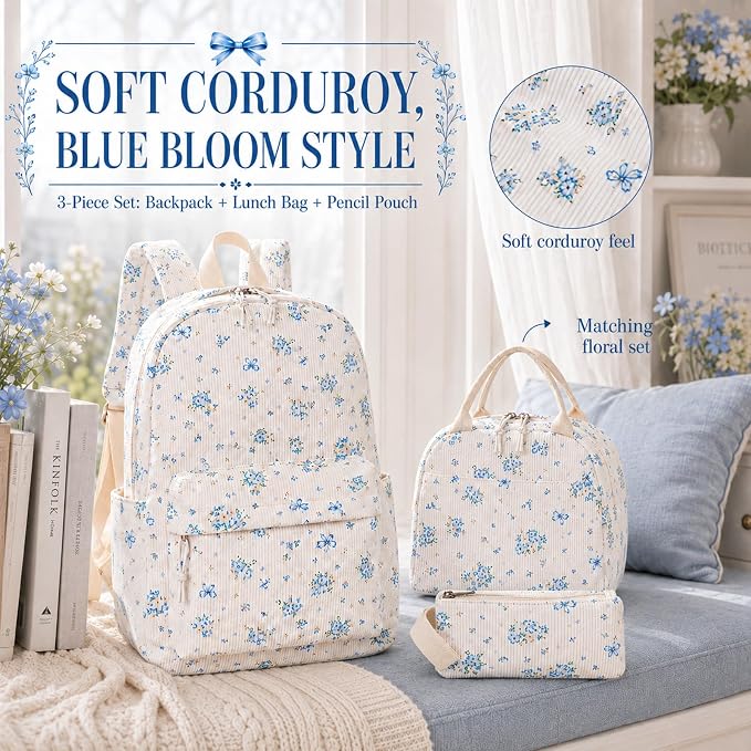 Bluboon School Backpack Set Girls Womens Laptop Bookbag Casual Daypack Fits 15 inch Laptop with Lunch Tote Bag and Pencil Bag