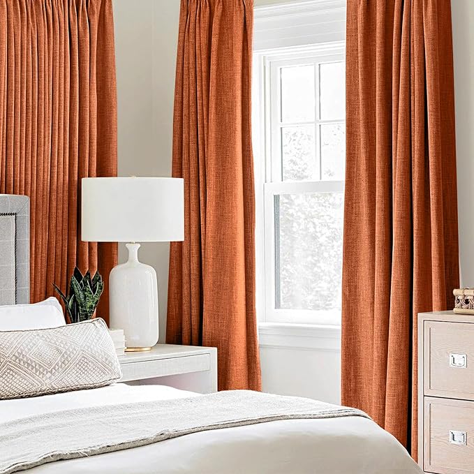 MIULEE 100% Blackout Linen Curtains for Bedroom Thermal Insulated Orange Grommet Room Darkening Curtains & Drapes Fall Decor for Living Room 52 x 84 Inch (2 Panels)