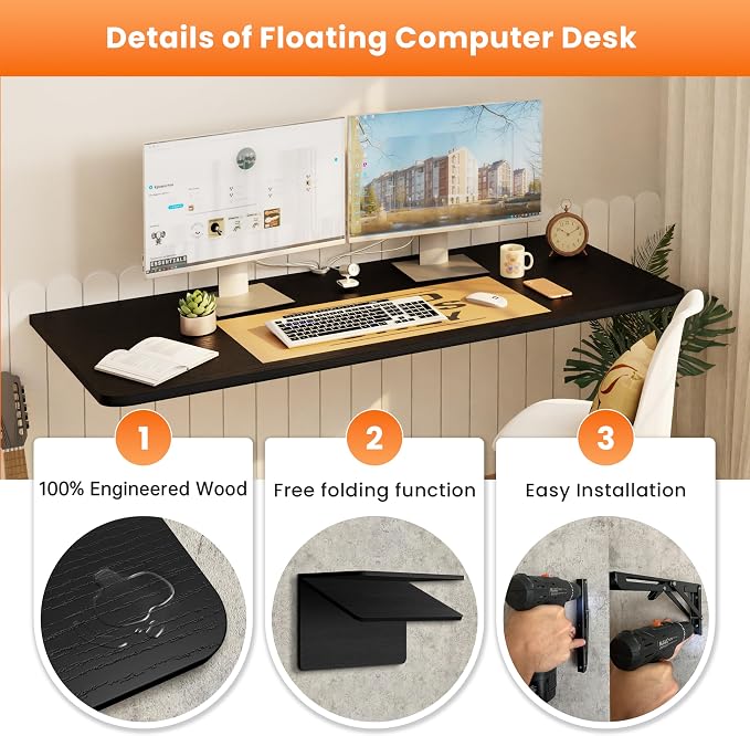 IAE Wall Mounted Floating Foldable Desk, 48" x 22" Folding Computer Workstation Table with Engineered Wood and Metal Shelf Brackets,Fold&Floating Design for Home Office, Apartment,Laundry Room,Black
