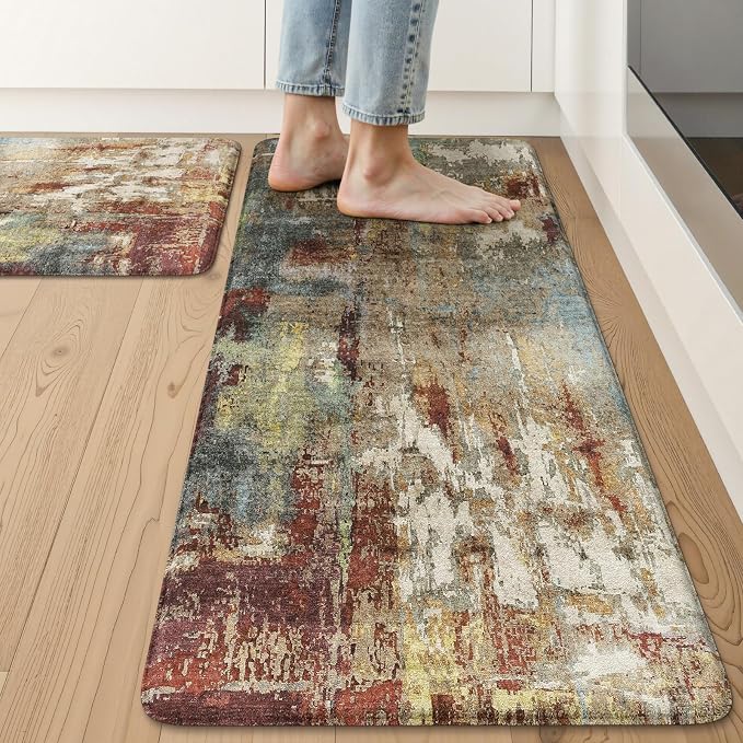 LEEVAN Anti Fatigue Kitchen Mats for Floor, Cushioned Kitchen Mat Set 2PCS | 20"x31"+20"x47", Modern Abstract Red Kitchen Rugs Non-Slip, Waterproof Ergonomic Standing Mats for Laundry, Office, Bar, Sink