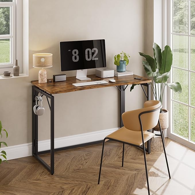 JOYMOOP Folding Desk Rustic Brown - 31.5", No Assembly Small Foldable Desk for Home, Office, Wooden Top Folding Computer Desk for Working, Writing, Studying