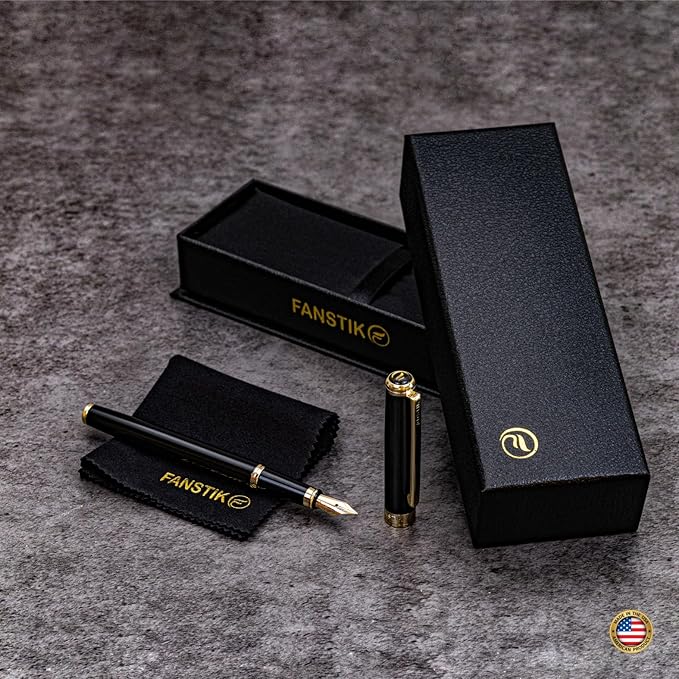 Black & Gold Luxury fountain pen, fancy gift set for women, Real 24K Gold Plating, Professional executive pen gift set for men (Lux fountain Black-Gold)