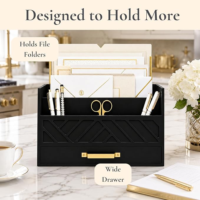 BLU MONACO | Wooden Mail Organizer with Drawer and Gold Handle | Mail Sorter Organizer Countertop for Desk | Outgoing Mail Holder and Letter Sorter for Desk Storage