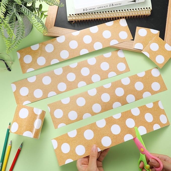 Zonon 65.6 Ft Kraft Bulletin Board Border White Polka Dots Themed Classroom Decor Straight Border Trim for Office Whiteboard Walls Desks Windows Doors Lockers