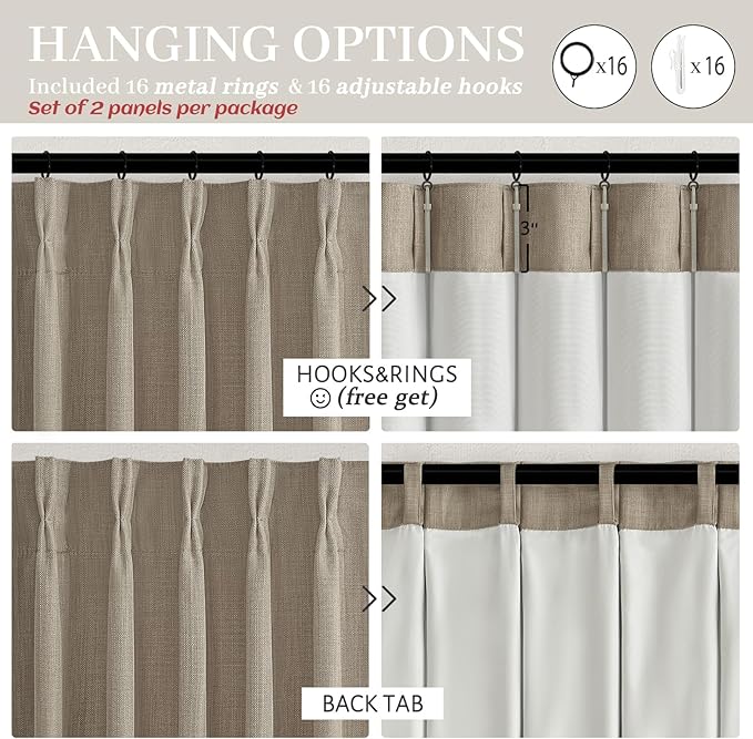 Extra Short Linen Blackout Double Layer Kitchen Curtains 45 Inches Long 2 Panels, Burlywood Birch Memory Trained Pinch Pleated Thermal Insulated Curtain Boho Soundproof Room Darkening Windows Drapes