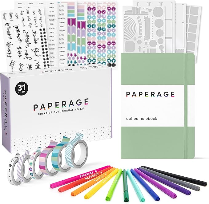 PAPERAGE Bullet Journal Kit, Dotted Journaling Set & Stationary Kit, Hardcover Dotted Journal Notebook (Sage Green), 12 fineliner Pens, 8 Sticker & 3 Stencil Sheets, 6 Washi Tapes