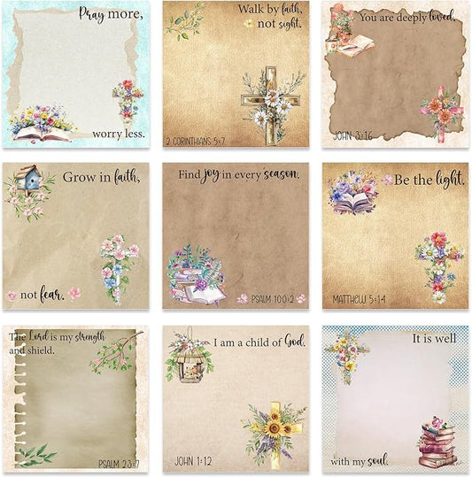 Floral Bible Sticky Notes Gifts, 9 Pack Flower Bible Verse Notepads 3x3 Inches, Vintage Religious Faith Gifts for Christian Women, Biblical Memo Pads School Office Supplies (450 Sheets)