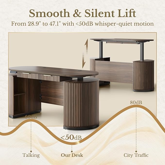Electric Standing Desk with Storage Drawers, 63'' Executive Height Adjustable Desk with Privacy Panel and Shelves, Wood Fluted Computer Desk for Home Office, Black Walnut